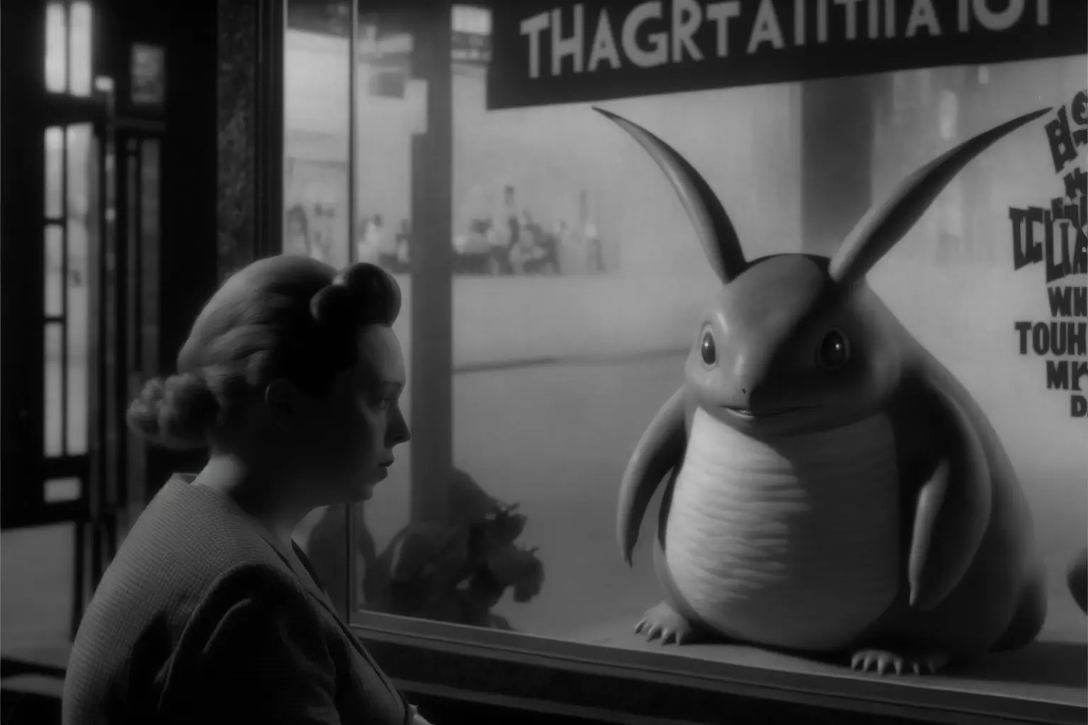 still from black and white old movie, film grain, pokemon live action, directed by Alfred Hitchcock